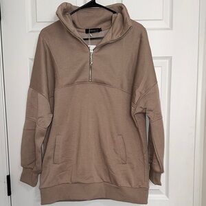 Tan Zip Up Sweater with High Collar and Soft Fabric